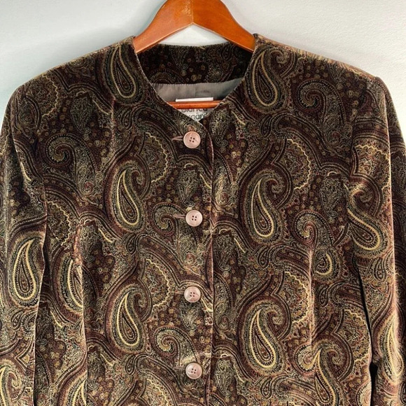 VINTAGE Bianca Nygard Velvet Collarless Blazer Brown Paisley Single Breast 12 - Picture 3 of 12